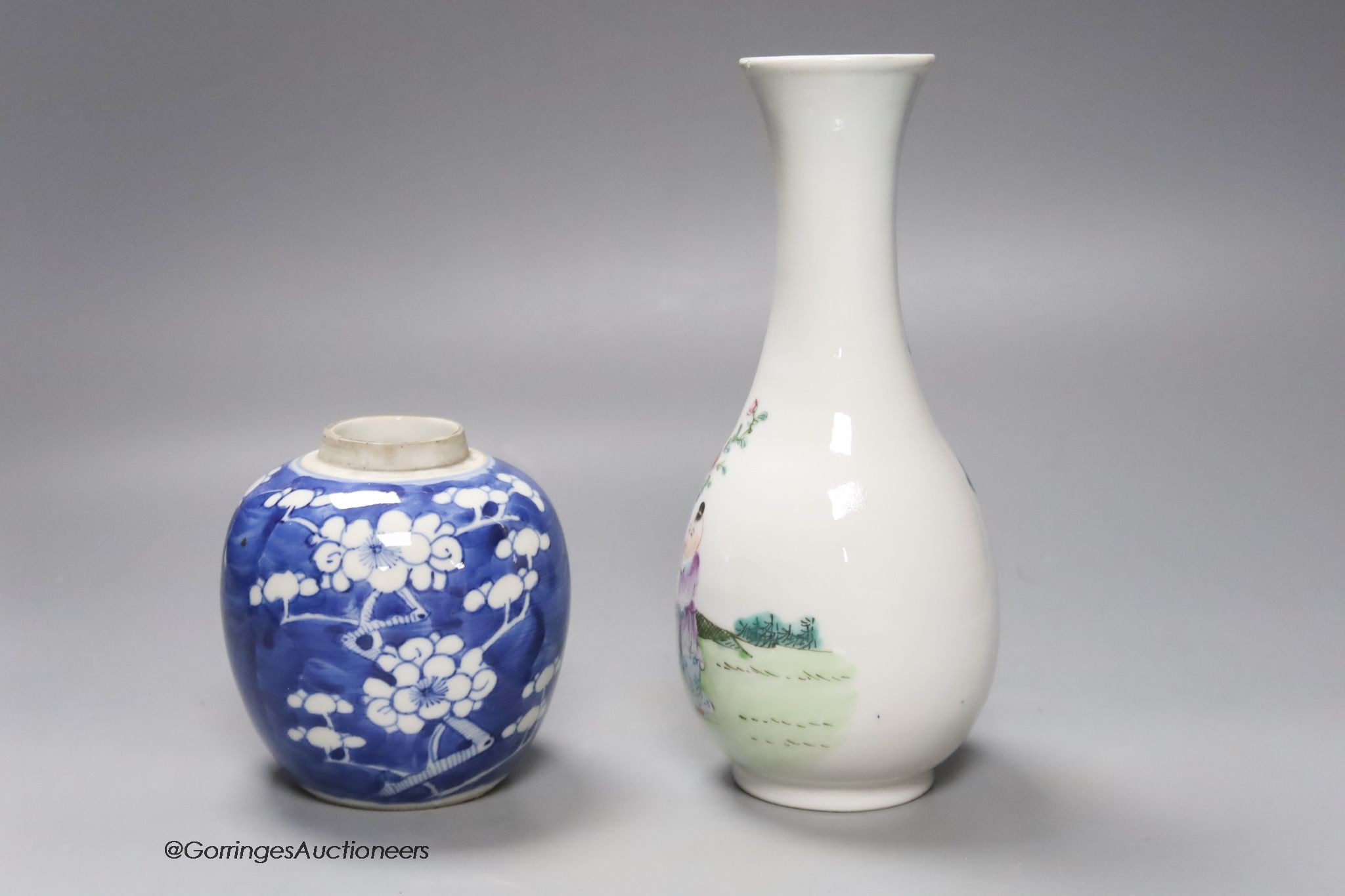 A Chinese Republic vase and a blue and white prunus jar, tallest 22cm